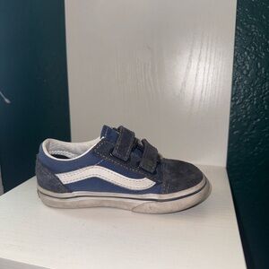 Kids Navy Blue Velcro Skate Shoe with White Stripe- Vans